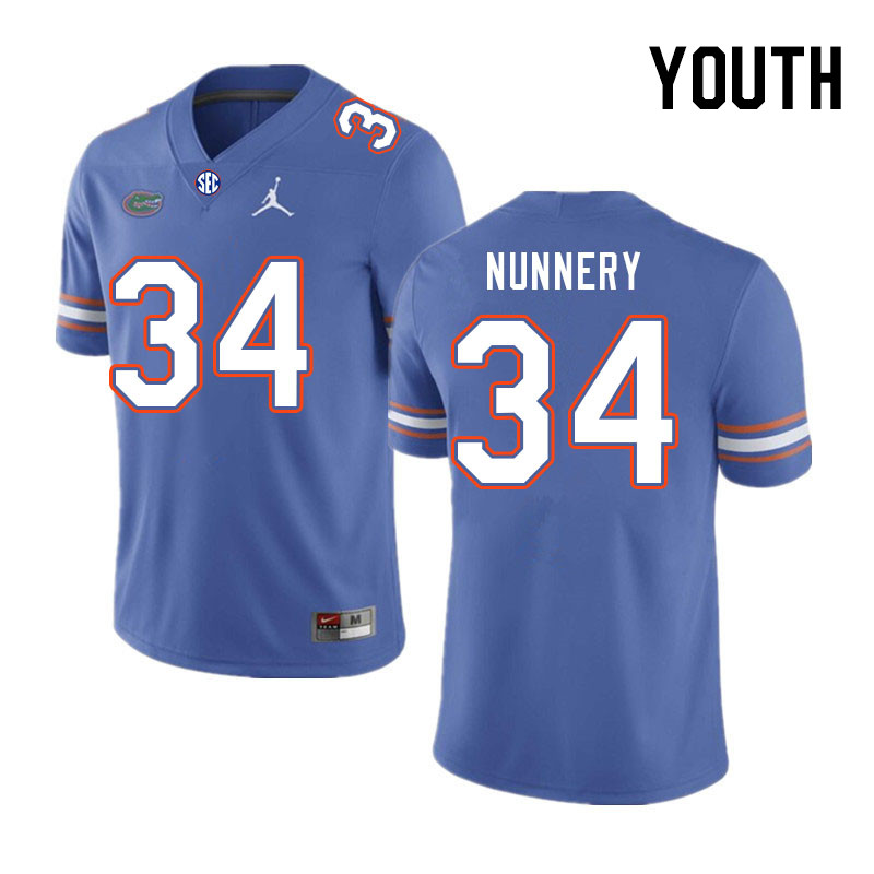 Youth #34 Mannie Nunnery Florida Gators College Football Jerseys Stitched-Royal